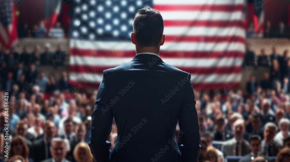 A man is shown from behind while addressing a large audience in a formal setting, with an American flag serving as a prominent backdrop, suggesting leadership. A man is shown from behind while addressing a large audience in a formal setting, with an American flag serving as a prominent backdrop, suggesting leadership.