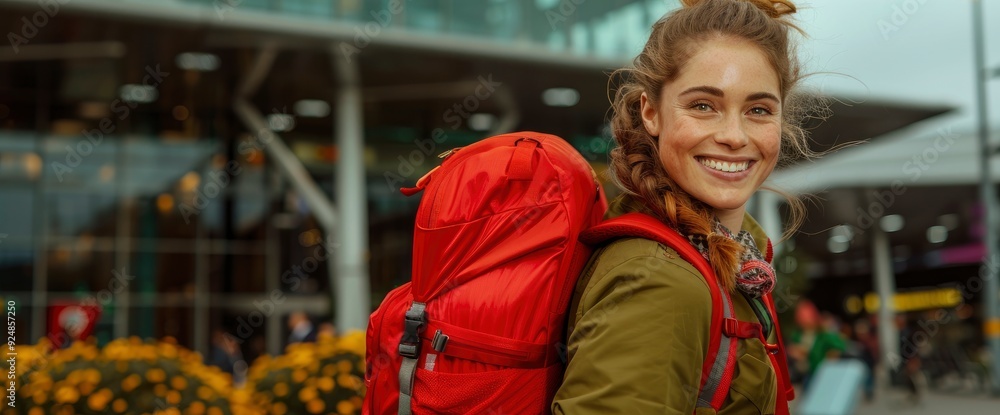 Obraz premium A Smiling Woman With A Red Backpack, Dragging Her Personal Luggage At The Airport