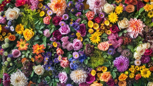 A vivid floral arrangement showcasing a variety of colorful flowers, including roses, daisies, and sunflowers, all presented together in a lush and vibrant display of nature's beauty.