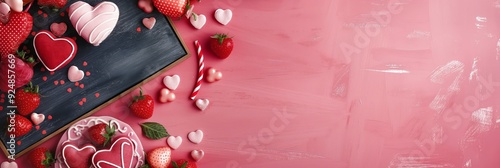 This image showcases a Valentine’s Day themed composition with various heart-shaped decorations and fresh strawberries set on a pink background. photo