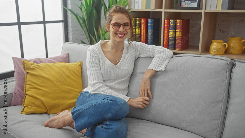 Relaxed caucasian woman sitting on a gray couch in a cozy living room, smiling at the camera. Relaxed caucasian woman sitting on a gray couch in a cozy living room, smiling at the camera.