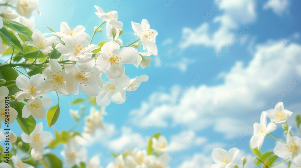Fototapeta premium Jasmine flowers on blue sky background for design purposes