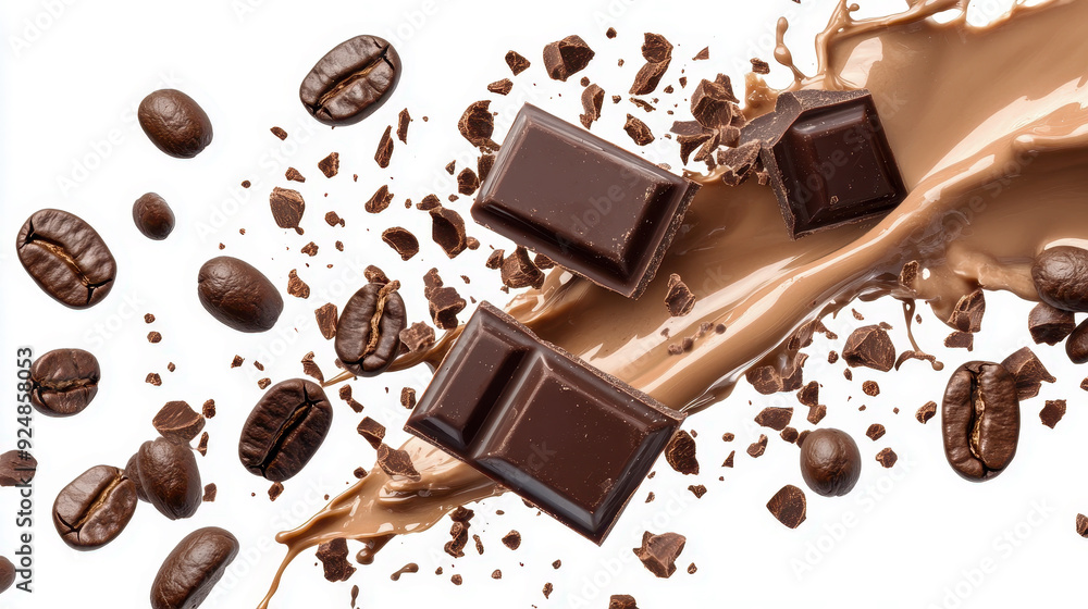 Milk coffee chocolate splash with flying beans isolated on a white background Milk coffee chocolate splash with flying beans isolated on a white background