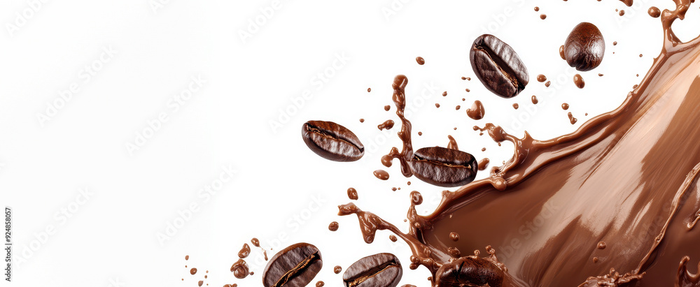 Fototapeta premium Milk coffee chocolate splash with flying beans isolated on a white background