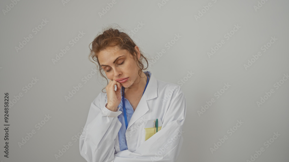 A contemplative young woman in a white lab coat stands against an isolated white background, embodying professional beauty. A contemplative young woman in a white lab coat stands against an isolated white background, embodying professional beauty.
