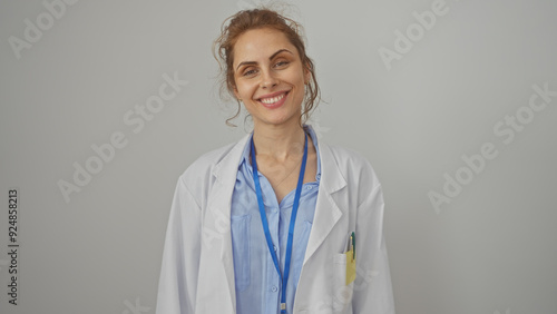 Smiling caucasian woman doctor standing confidently against a white background in medical attire with a stethoscope.