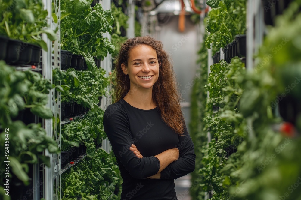 A confident female agricultural entrepreneur standing in front of an advanced vertical farm, surrounded by lush, green towers of plants, symbolizing the future of urban farming. A confident female agricultural entrepreneur standing in front of an advanced vertical farm, surrounded by lush, green towers of plants, symbolizing the future of urban farming.