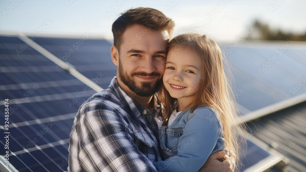 Fototapeta premium Generational Bond: Father and Daughter with Rooftop Solar Panels