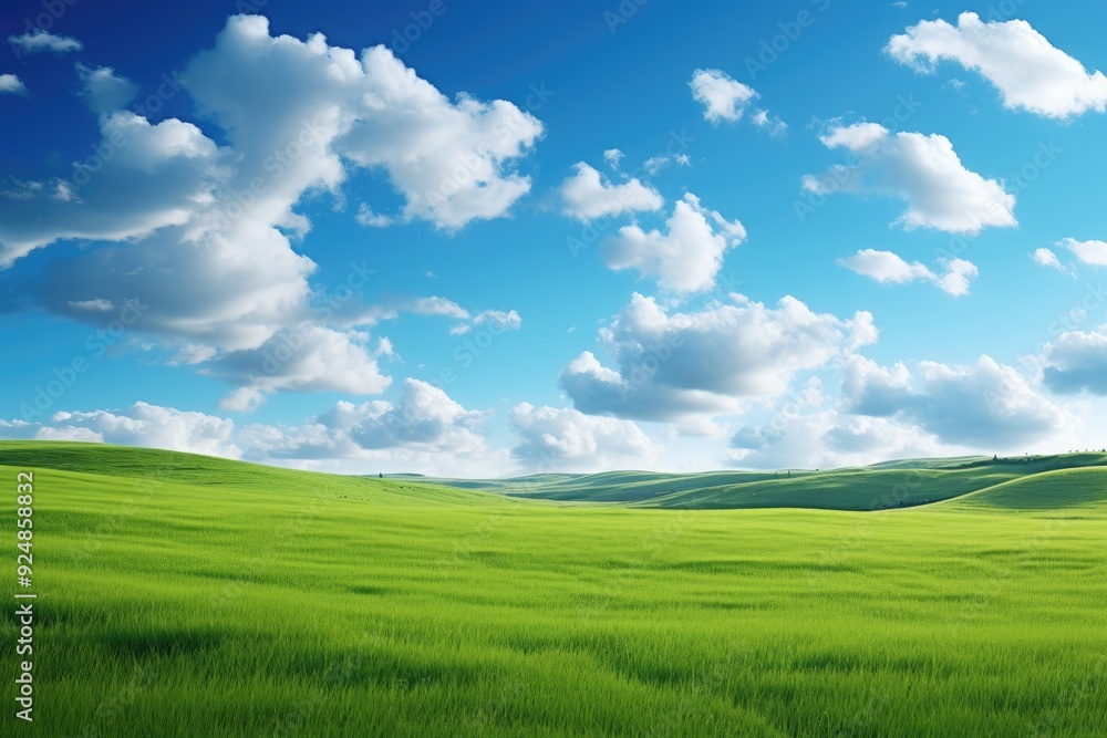 Lush Green Meadow Under Clear Blue Sky. Fluffy White Clouds on a Sunny Day Landscape Background Lush Green Meadow Under Clear Blue Sky. Fluffy White Clouds on a Sunny Day Landscape Background
