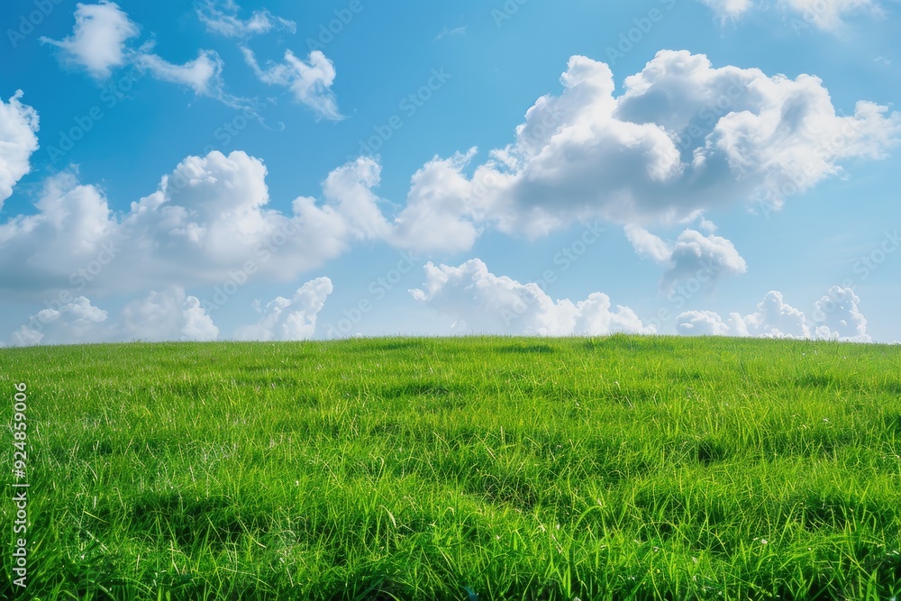 Lush Green Meadow Under Clear Blue Sky. Fluffy White Clouds on a Sunny Day Landscape Background Lush Green Meadow Under Clear Blue Sky. Fluffy White Clouds on a Sunny Day Landscape Background