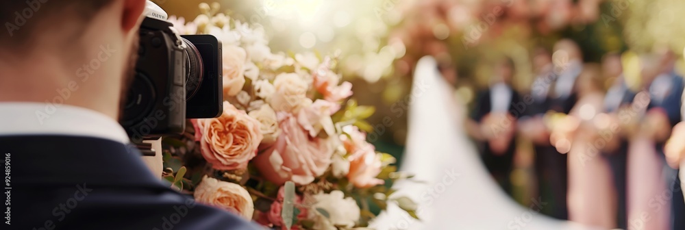 The image depicts a wedding ceremony with a focus on a videographer capturing the special moments, set against a backdrop of flowers and people.