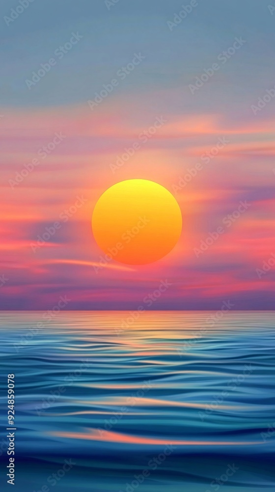Beautiful sunset over the ocean with a large sun and pink and blue clouds. Beautiful sunset over the ocean with a large sun and pink and blue clouds.