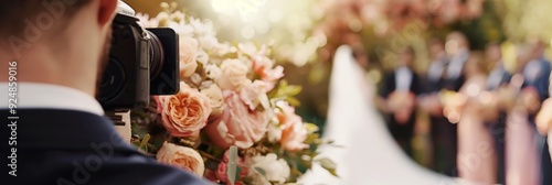 The image depicts a wedding ceremony with a focus on a videographer capturing the special moments, set against a backdrop of flowers and people. photo