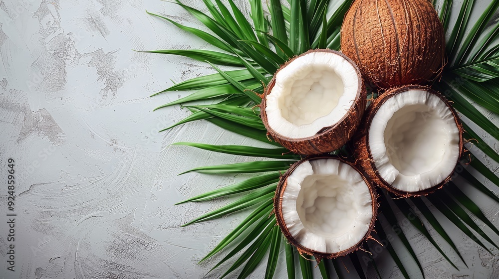Summer Background with Coconut and Palm Leaf Top View Summer Background with Coconut and Palm Leaf Top View