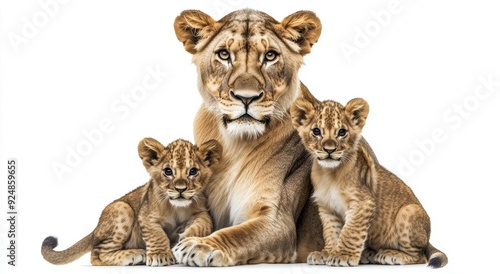 A transparent background with a lioness and baby isolated