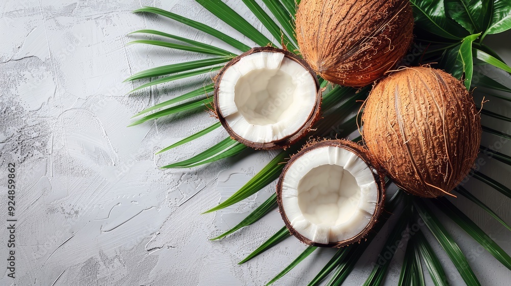 Coconut and Palm Leaf on White Background Flat La Coconut and Palm Leaf on White Background Flat La