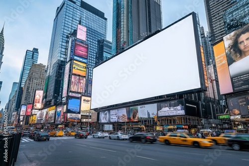 Blank Billboard in Times Square with Busy Traffic