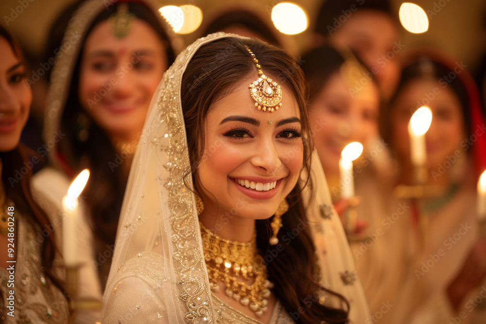 Portrait of s young smiling bride wearing traditional Indian bridal costumes and jewellery on her wedding Portrait of s young smiling bride wearing traditional Indian bridal costumes and jewellery on her wedding