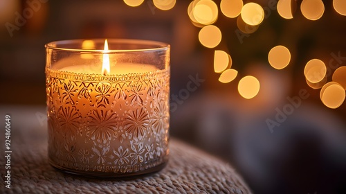 Burning Candle with Bokeh Lights.