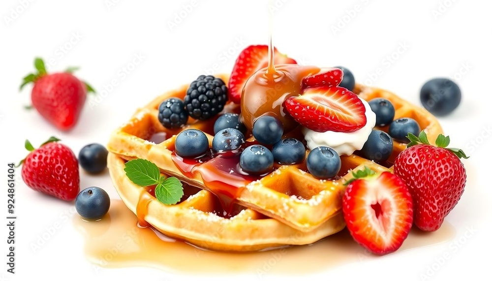 Beautiful and delicious snacks - Delicious waffles adorned with luscious whipping cream, berries and syrup toppings isolated on white background created with generative ai Beautiful and delicious snacks - Delicious waffles adorned with luscious whipping cream, berries and syrup toppings isolated on white background created with generative ai