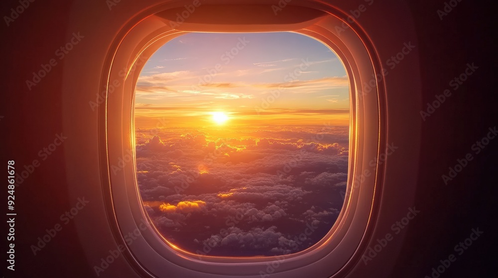 Airplane Window View of Golden Sunset Over Cloudscape Airplane Window View of Golden Sunset Over Cloudscape