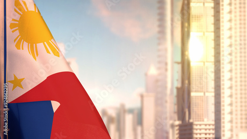 flag of Philippines on city skyscrapers buildings vanilla sunrise background for independence day - abstract 3D illustration