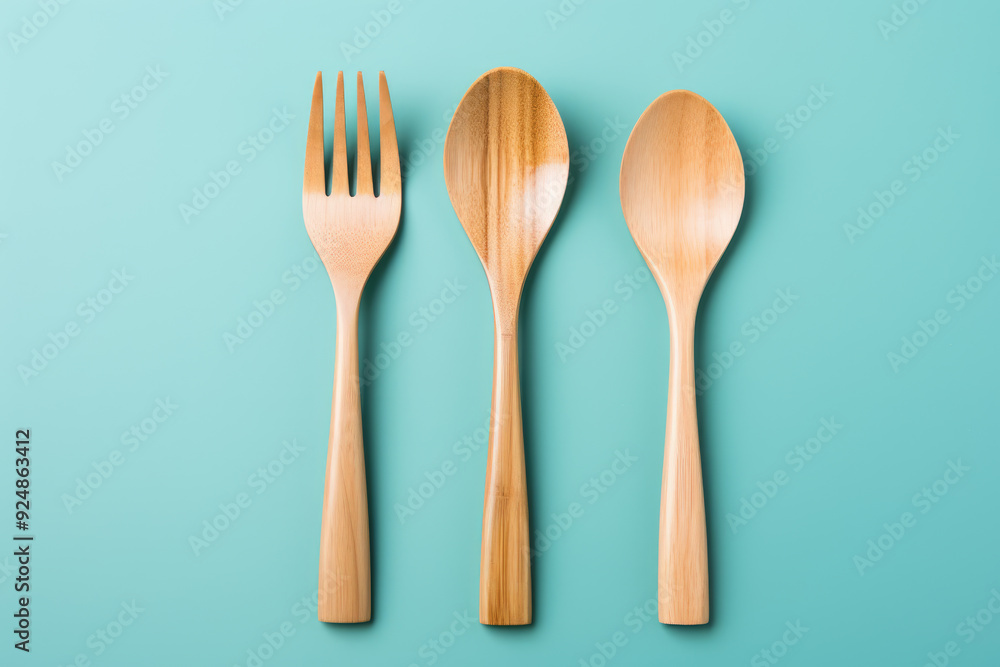 generated illustration of Set of cutlery of wooden spoon, fork on blue background generated illustration of Set of cutlery of wooden spoon, fork on blue background