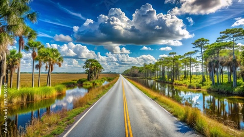 Sunny day on the Tamiami Trail in Florida, with a scenic view of the Everglades, sawgrass, and cypress trees lining the rural highway. photo