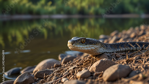 snake on the river bank in the morning
