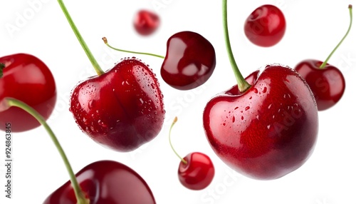  Cherries floating in the air, isolated on white background