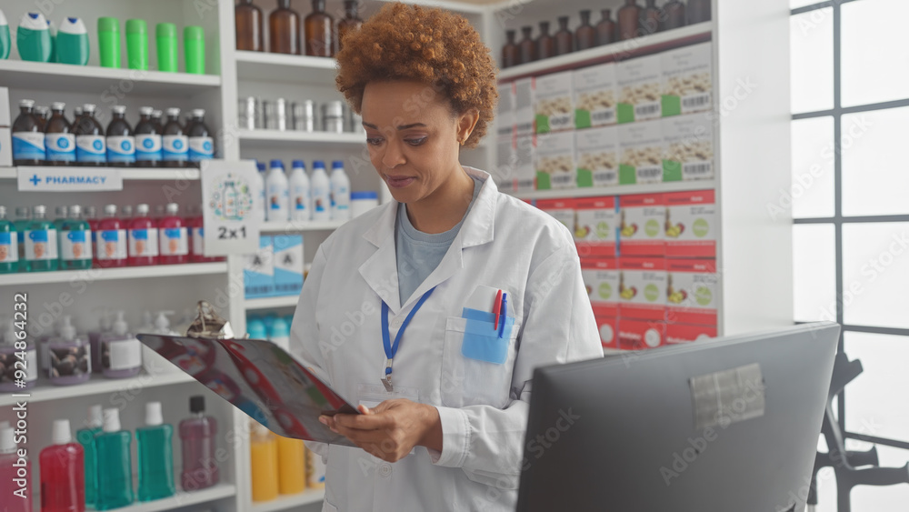 African american woman pharmacist reviews medication in a modern pharmacy. African american woman pharmacist reviews medication in a modern pharmacy.