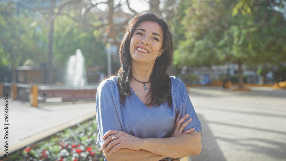 Confident middle-aged hispanic woman with crossed arms standing in a sunny park with trees and a fountain. Confident middle-aged hispanic woman with crossed arms standing in a sunny park with trees and a fountain.