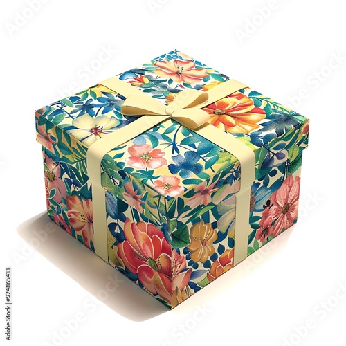 Colorful gift box wrapped in floral paper with a yellow ribbon, perfect for celebrations, birthdays, or special occasions.