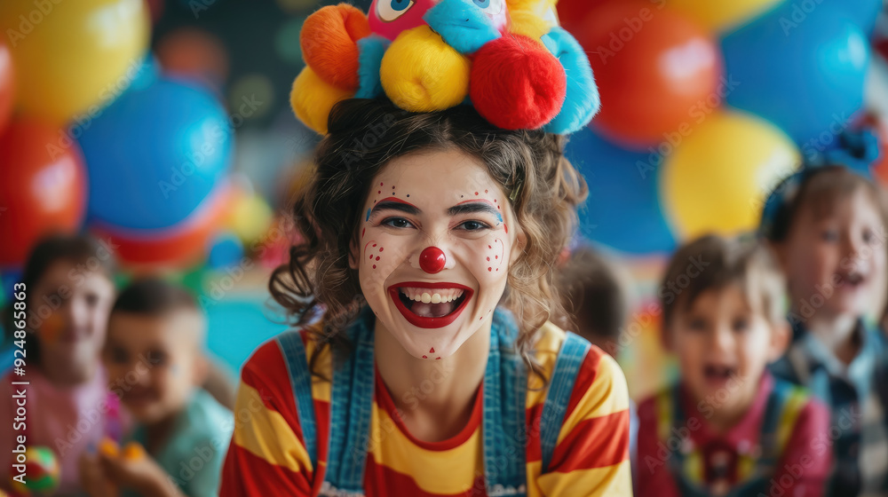 Fototapeta premium clown shows tricks at a children's party, birthday, holiday, company of friends, animator, magician, magic, child, kid, person, masquerade, Halloween, illusionist