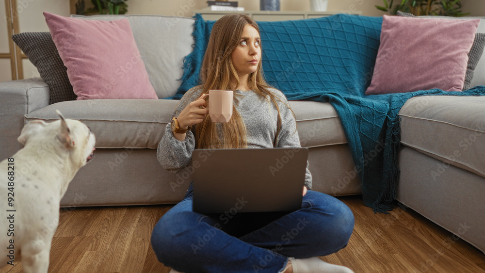 A young, beautiful blonde woman sitting with a laptop in a cozy living room while drinking from a mug, accompanied by her pet canine. A young, beautiful blonde woman sitting with a laptop in a cozy living room while drinking from a mug, accompanied by her pet canine.