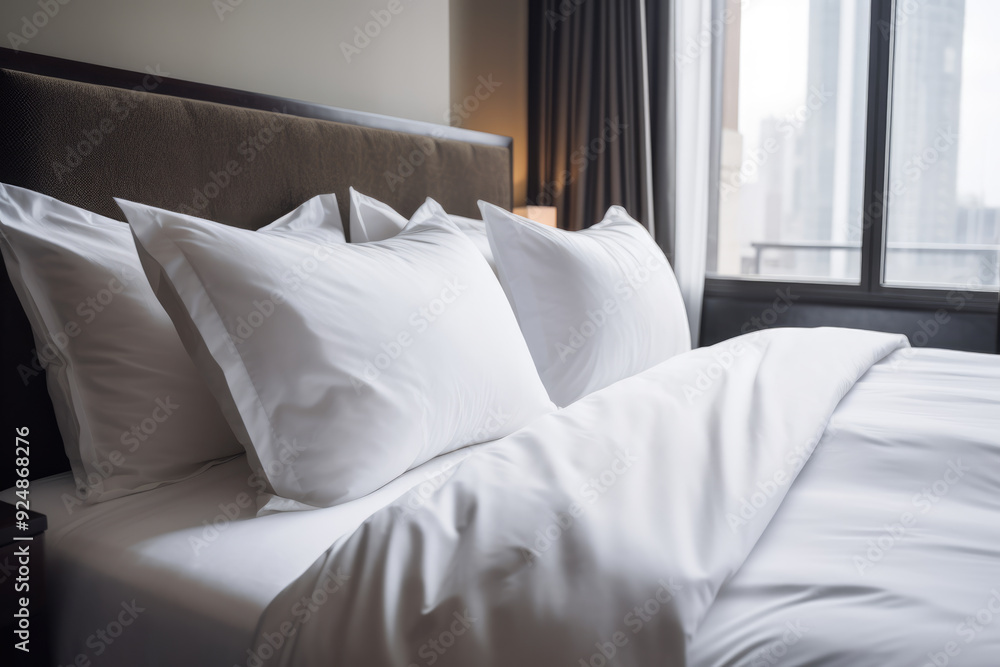 generated illustration of Modern bed with soft pillows in room generated illustration of Modern bed with soft pillows in room