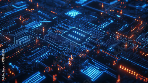 Abstract Circuit Board Design with Glowing Circuits