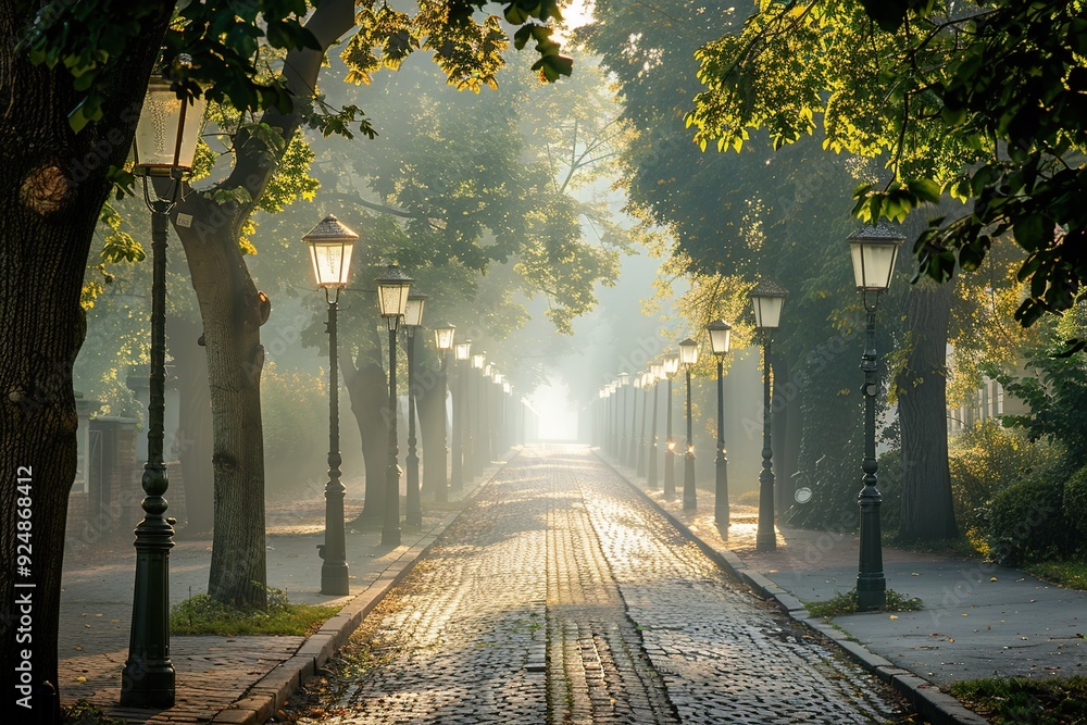 Obraz premium historic avenue lined with linden trees, cobblestone path, vintage street lamps, early morning fog, 