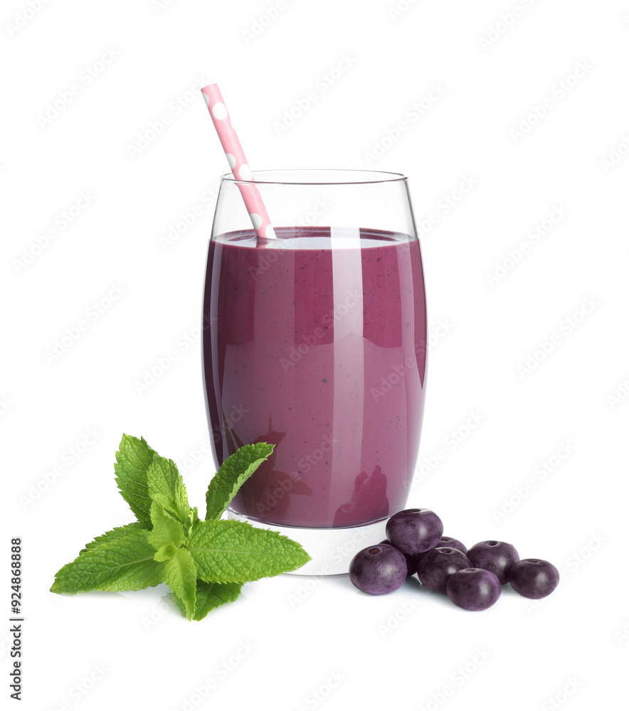 Tasty acai juice in glass, mint and berries isolated on white Tasty acai juice in glass, mint and berries isolated on white