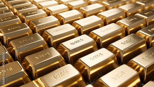 close up many pure gold bar ingot put on the black color with bokeh surface. many pile of gold bars