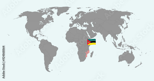 Pin map with Mozambique flag on world map. Vector illustration.