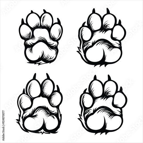 A collection of isolated black Dog paw prints and two wolf silhouettes cartoon vector style illustration
