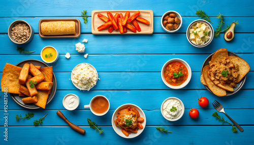 Various Greek dishes on a blue wooden background isolated with white highlights, png photo