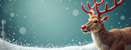 Cheerful Rudolph reindeer smiling in snowy winter scene with copy space