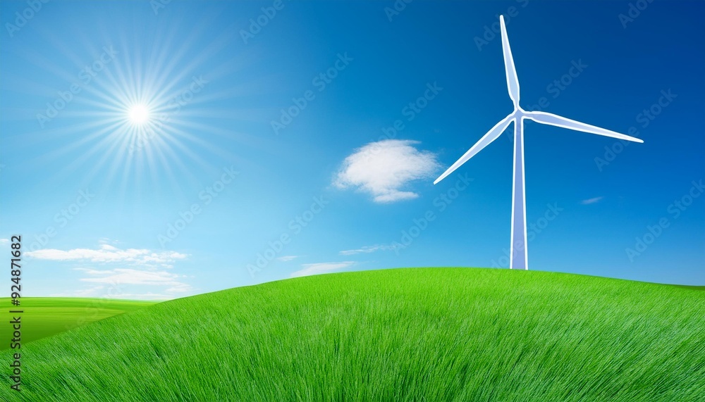 minimalistic illustration portrays a solitary wind turbine towering above a gentle, grassy hill. The scene is tranquil, with the turbine standing alone against a serene backdrop of the open sky minimalistic illustration portrays a solitary wind turbine towering above a gentle, grassy hill. The scene is tranquil, with the turbine standing alone against a serene backdrop of the open sky