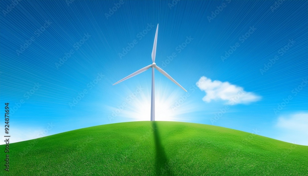 Obraz premium minimalistic illustration portrays a solitary wind turbine towering above a gentle, grassy hill. The scene is tranquil, with the turbine standing alone against a serene backdrop of the open sky