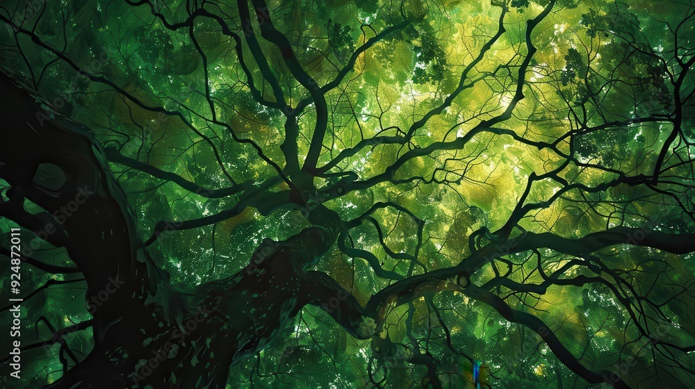 Fototapeta premium Tree Crown. Amazing Green Tree Crown Showing Crown Shyness Phenomenon