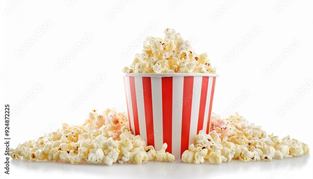 classic red and white striped bucket overflowing with freshly popped, golden popcorn, isolated on a clean white background, evoking the nostalgic feel of movie theaters and fun-filled entertainment classic red and white striped bucket overflowing with freshly popped, golden popcorn, isolated on a clean white background, evoking the nostalgic feel of movie theaters and fun-filled entertainment