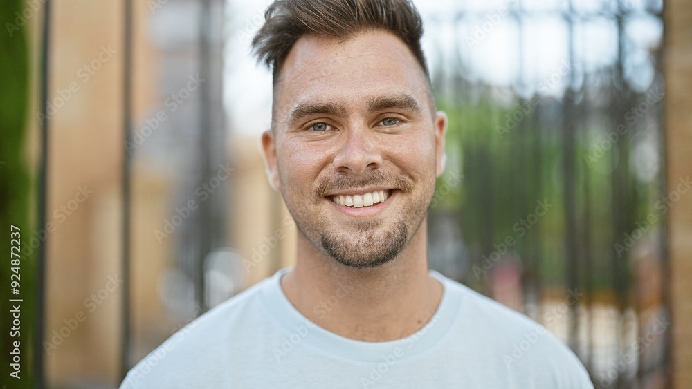 Smiling bearded hispanic man in white t-shirt outdoors in sunny city street. Smiling bearded hispanic man in white t-shirt outdoors in sunny city street.