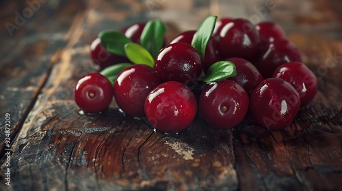 Fresh and organic muntries arranged on textured rustic wood with a few green leaves highlighting the deep red and glossy appearance of these healthy berries photo